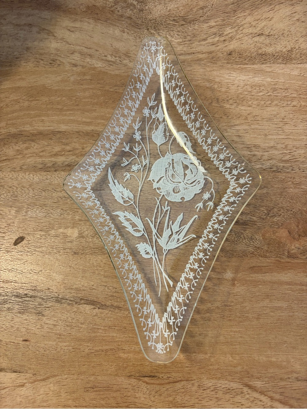 White Rose Glass Diamond Tray • Gold Rim & Lace Border